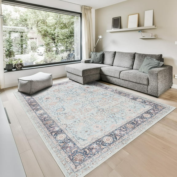 GLN Rugs Samarkand - Indoor, Machine Washable Area Rug - 4'x6' Turkish - Light Blue Home Carpet