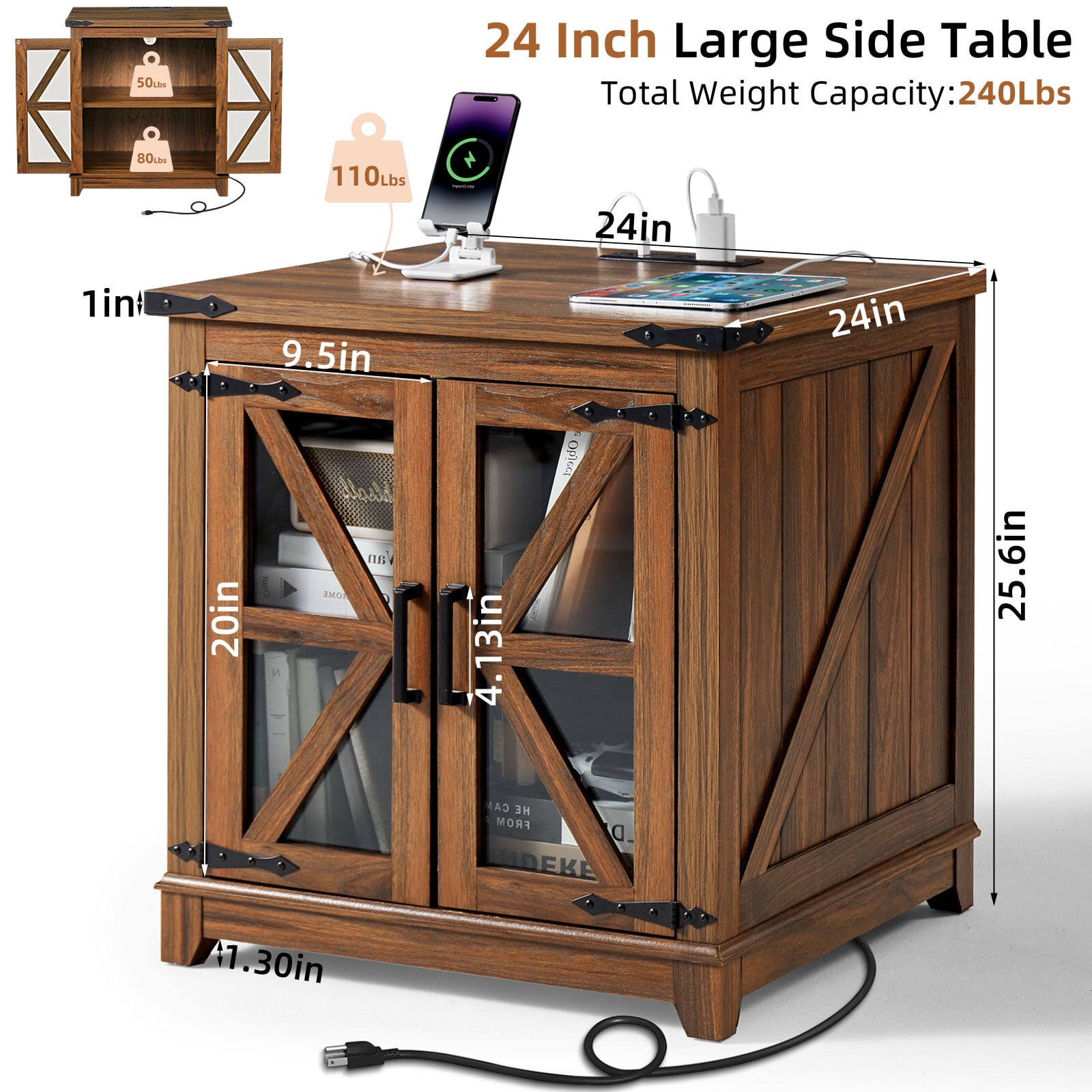 Joaxswe 24" Farmhouse End Tables for Living Room with Charging Station, Nightstand for Bedroom with Drawer, Square Bedside Table for Living, Brown