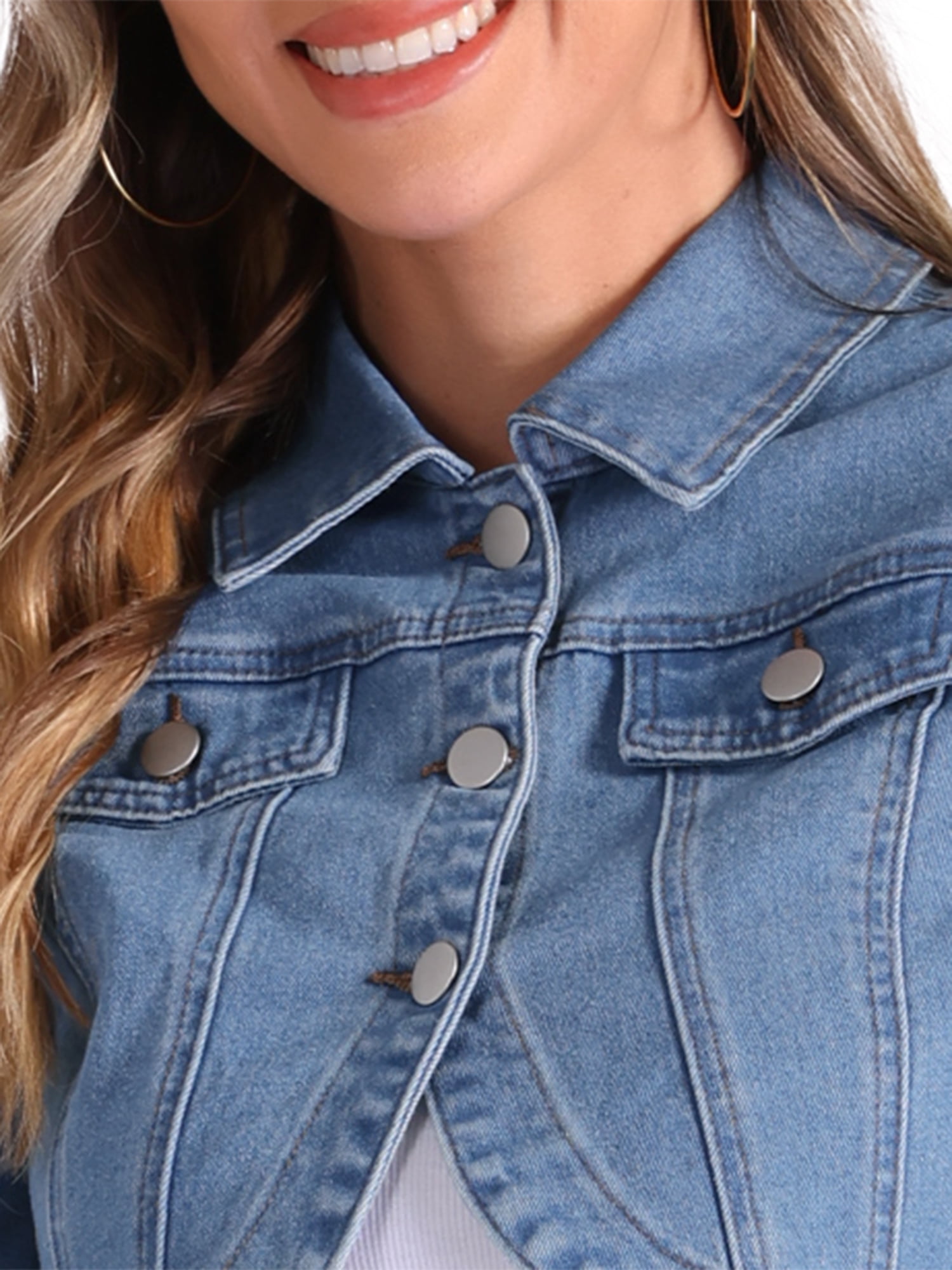 DARING DIVA Women's Denim Jacket Collared Long Sleeve Crop Jean Jackets M Light Blue