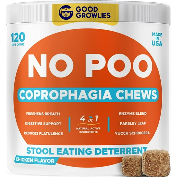Chew No Poo - Coprophagia Treatment for Dogs - Prevent Dog Poop Eating - Natural Stool Eating Deterrent   Breath Aid - Probiotics & Digestive Enzymes - Boosts Gut Health - Made in USA - 120 ct