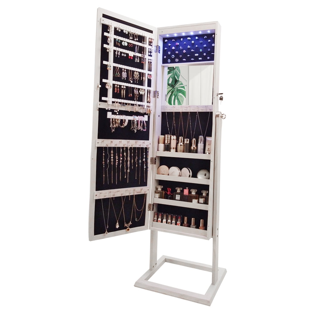 Wood Grain Square Jewelry Storage, Dressing Mirror Cabinet with LED Light, White