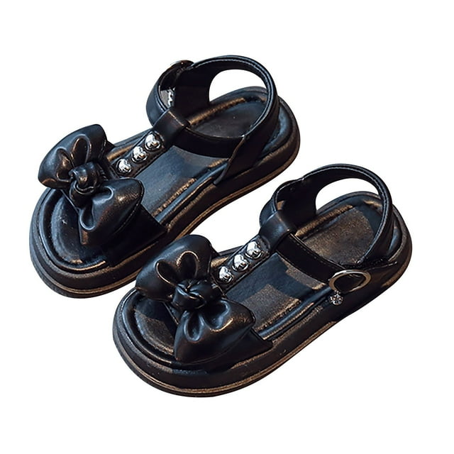 MIASHUI Sandales de Princesse pour Filles, Mode, Nœud, Chaussures Plates d'Été, Noir, 7-8 Ans