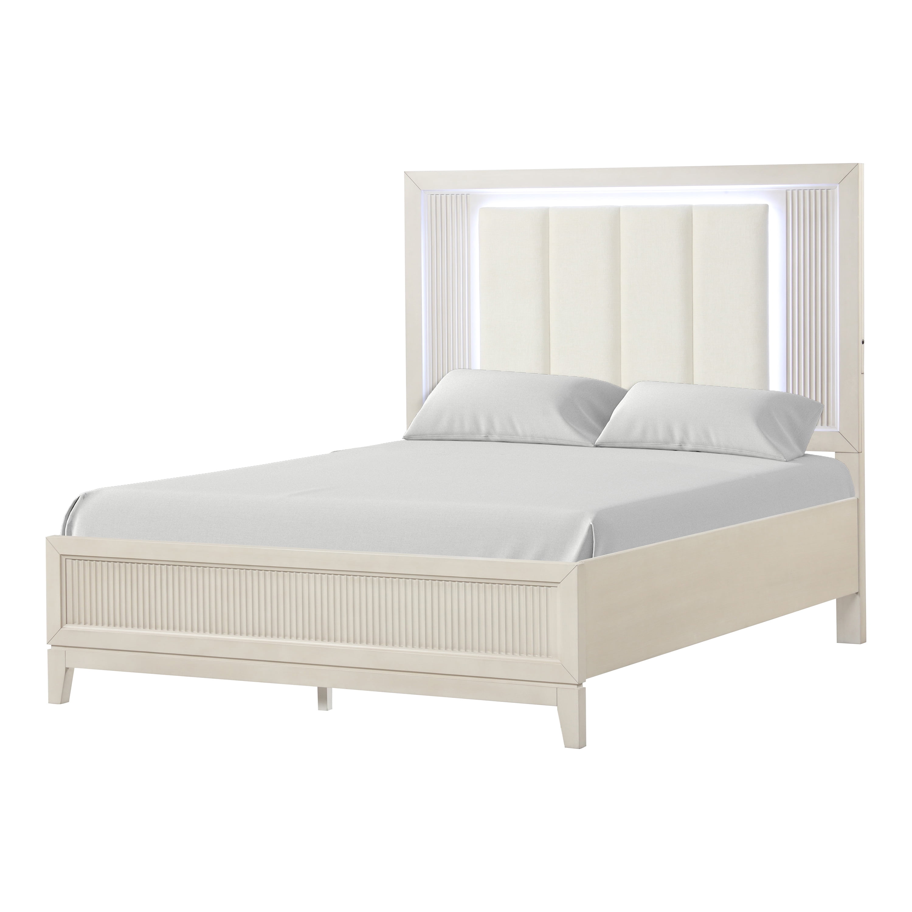 Furniture of America Fenton Solid Wood Queen Panel Bed with LED Light, Antique White