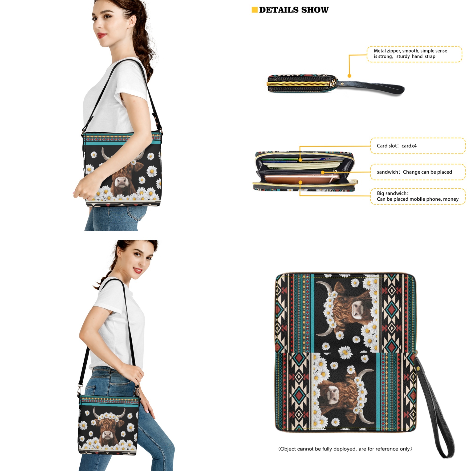 ZUXONGSY Aztec Highland Cow Daisy Flower Print Bucket Purse and Wallet Set for Women Lady Fashion Bucket Bag Tote Purse Set Lightweight Crossbody Hobo Bag with Wallet Set for Daily Use