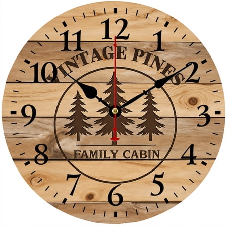 CozyHour 9.84 Inch Rustic Cabin Wall Clock, Vintage Pine Tree Wood Look Round Analog Clock with Large Numbers for Living Room Bedroom Kitchen Lodge Farmhouse Decor