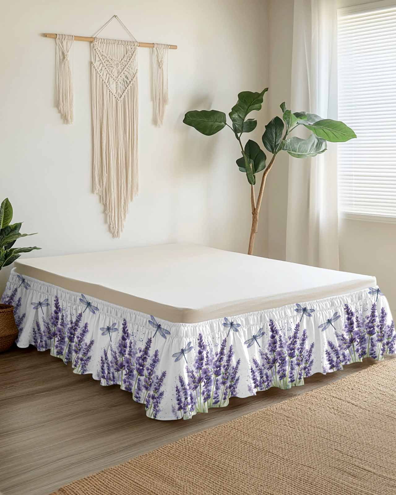 Purple Lavender Wrap Around Bed Skirts for Queen Bed 16" Drop,Bed Skirt with Adjustable Elastic Belt Dust Ruffle Bed Valance for Bedroom Hotel Pastoral Botanical Floral Dragonfly Bed Frame Cover