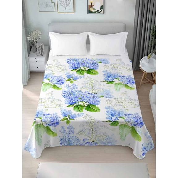 Summer Hydrangeas Twim XL Size Flat Sheet, Wrinkleproof & Fadeproof Cooling Flat Bed Sheet Only, White Blue Flowers Pastoral Leaves Breathable Soft Bedding Top Sheets 66 x 102 Inches