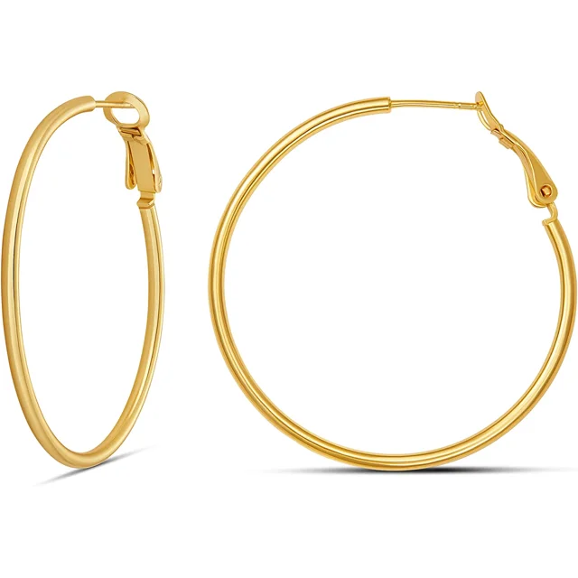 Colección Pendientes de aro ligeros de plata de ley 925 con parte trasera de paleta, oro amarillo, 40 mm/1,5 pulgadas