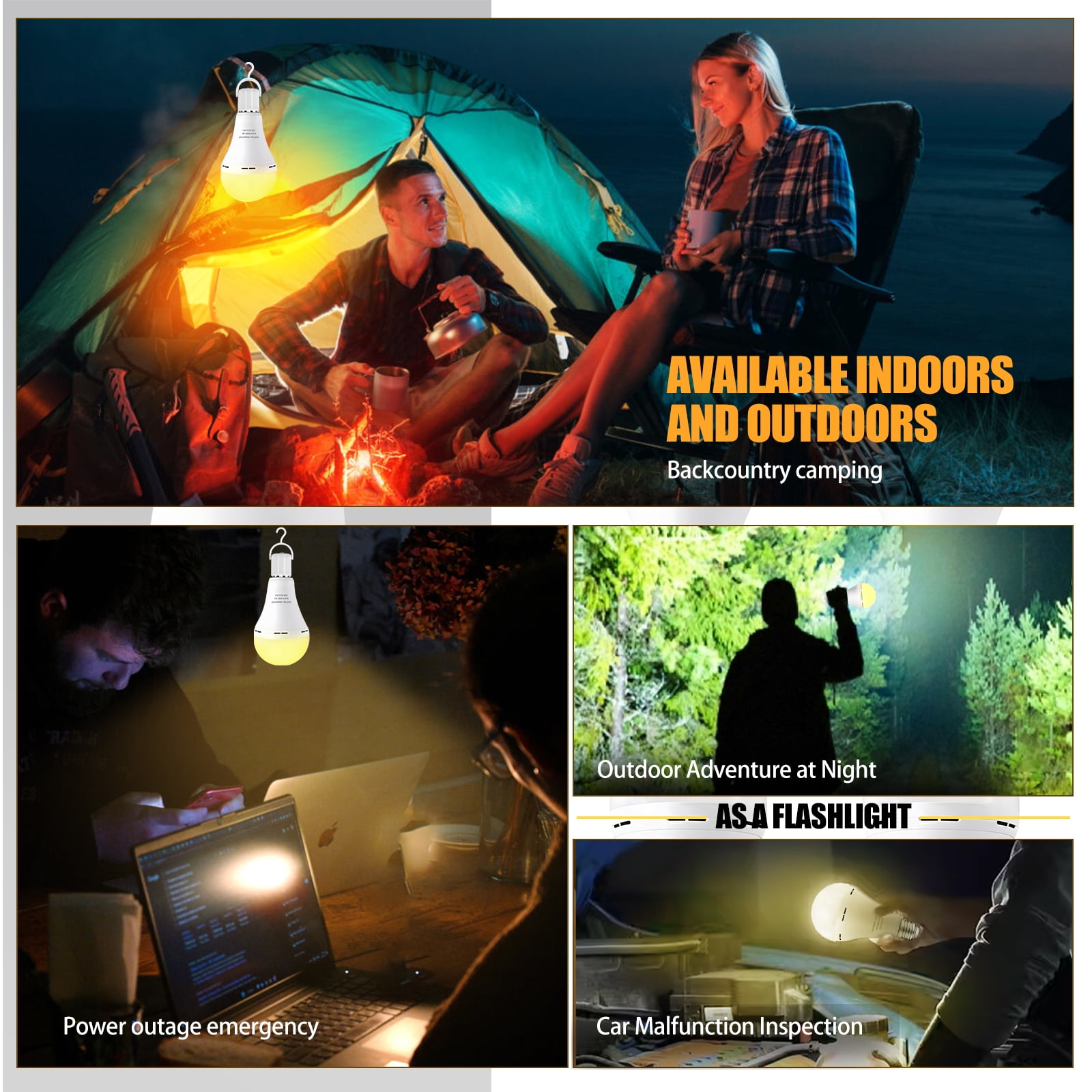Emergency Rechargeable Light Bulbs 6 PCS, Keep Lighting When Power Failure, A21 9W 60W Equiv., Battery Operated Light Bulb with 1200mAh for Home Camping, Emergency Time 4-5 hrs(with Hook, Warm White)