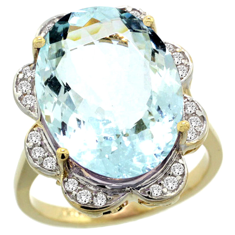 14k Yellow Gold Natural Aquamarine Ring Oval 18x13mm Diamond Floral Halo, 3 4inch wide, size 6 by Gabriella Gold