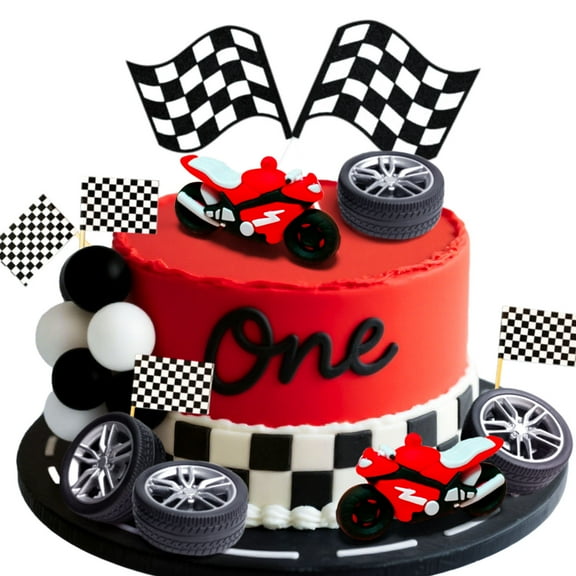 Racing Theme Cake Topper Set - Motorcycle & Checkered Flag Decor Kit