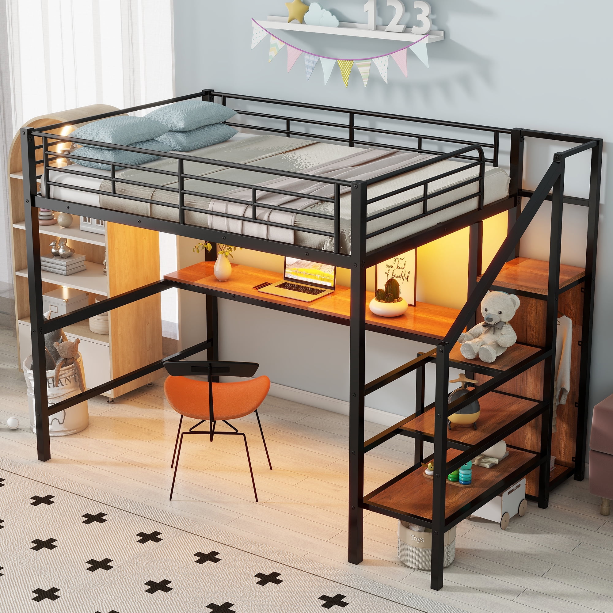 EUROCO Modern Metal Full Size Loft Bed with Wardrobe, Shelf and Desk with LED Light, Storage Staircase for Kids Teens, Black