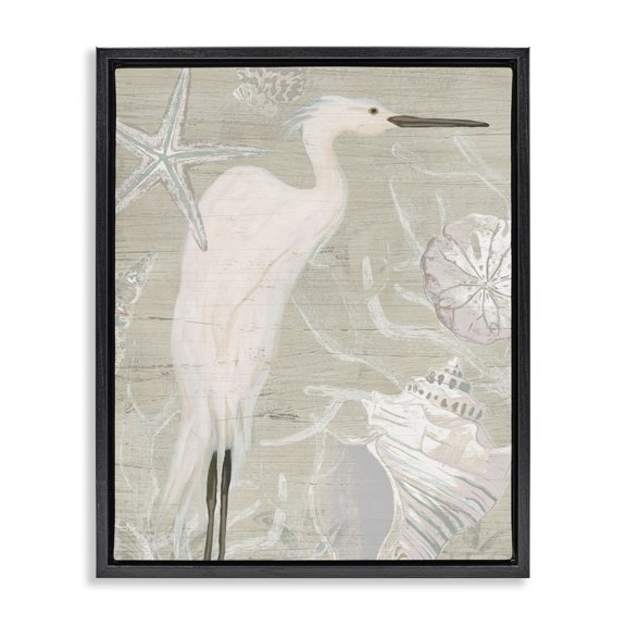 Stupell Industries Coastal White Egret Seashells Starfish Rustic Grain Pattern Black Floating Frame Canvas Art, 17 x 21, by June Erica Vess