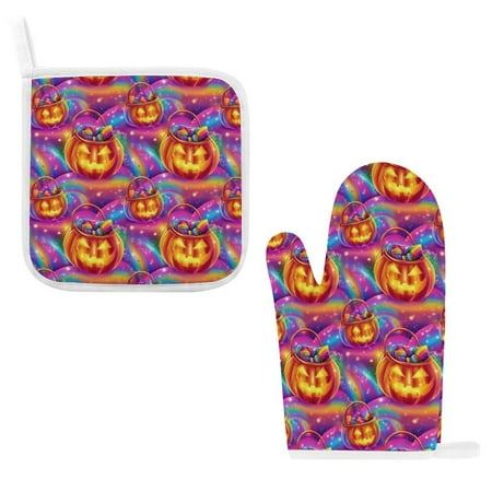 

ZZZHY Halloween Candy Buckets Rainbow Glow-478 Oven Mitts and Pot Holders Sets Heat Resistant Oven Gloves Cute Kitchen Mitts for Oven 2-Piece Baking Gloves Set for Cooking Grilling Baking