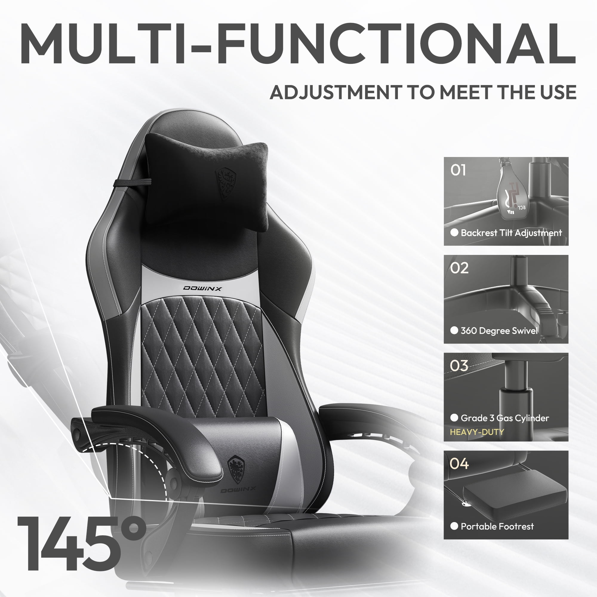 KARXAS Adult Gaming Chair Faux Leather PC Gaming Chair with Footrest and Lumbar Support, Black and Gray