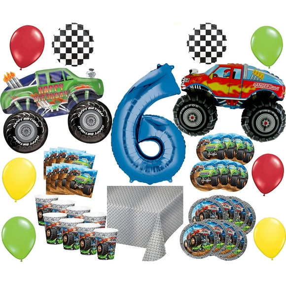 Monster Truck Rally 6th Birthday Party Supplies 8 Guest Decoration Kit with Green and Red Monster Truck Balloon Bouquet