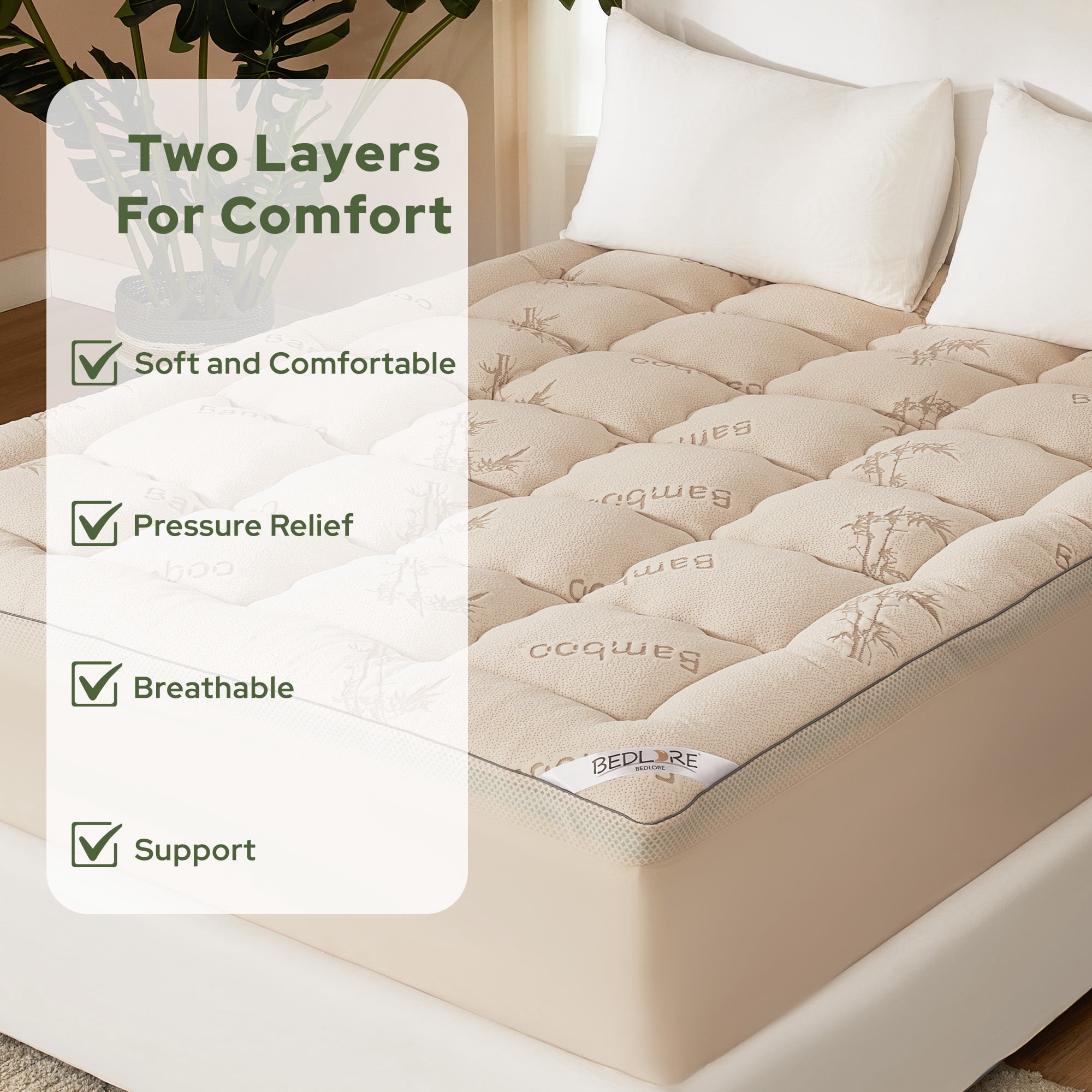 BEDLORE Mattress Topper Twin Size, 2" Gel Memory Foam Plus 2" Plush Pillow Top Pad, 4 " Mattress Pad Cover for Back Pain