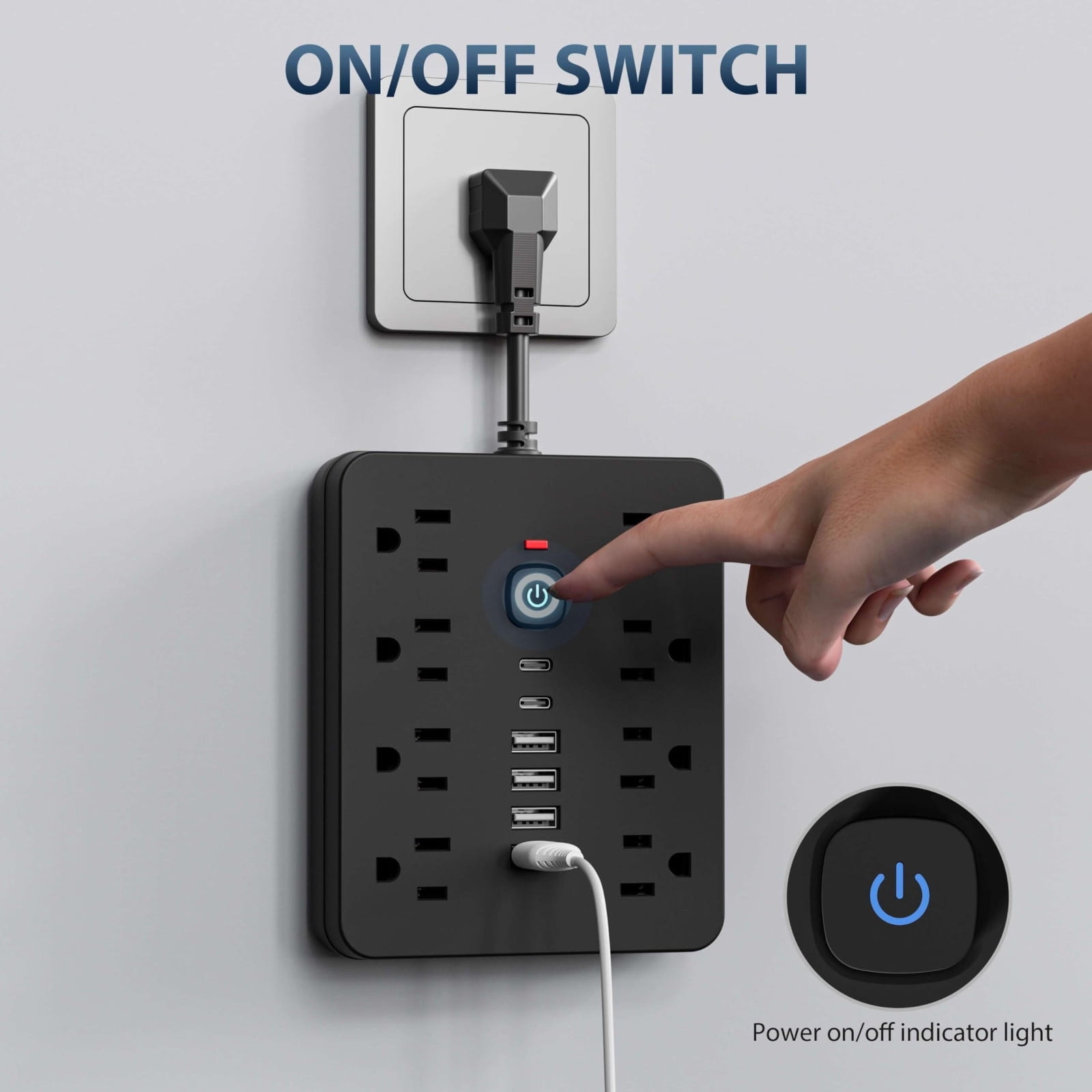 14-in-1 Multi-Function Power Board,Space-Saving Wall-Mounted Protector Power Strip with Surge Protection,Cord Outlets with Switch,Multiple Ac Outlets with 4 USB Ports,2 Type-C Power Outlets（White）