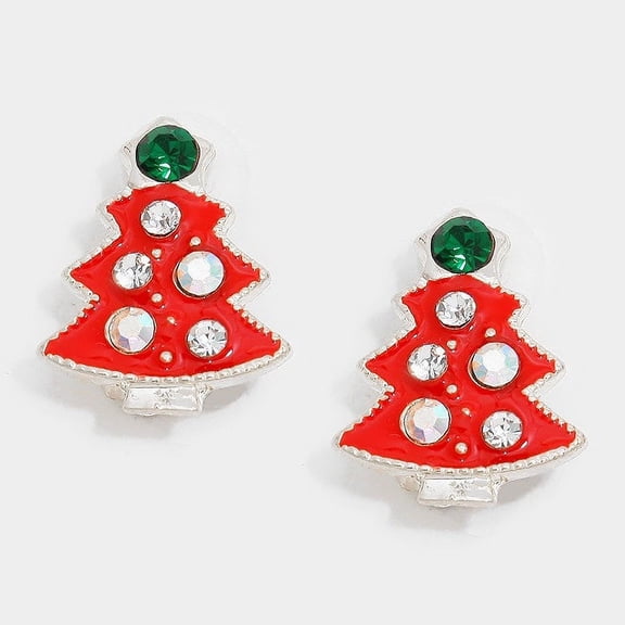 Clip on 3/4" silver, red, fluorescent stone Christmas Tree earrings