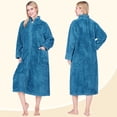 thumbnail image 3 of PAVILIA Womens Zip Up Robe, Sherpa Fleece Housecoat with Pockets, Fuzzy Warm Zipper House Coat for Women Elderly, Plush Soft Long Bathrobe Loungewear, Teal Sea Blue (Small/Medium), 3 of 9