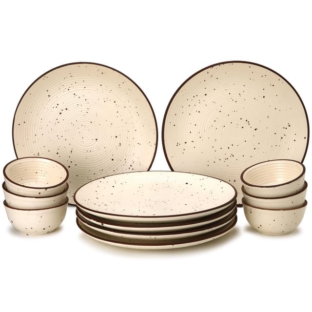 Handcrafted Ceramic Solid Dinner Set Of 12, Beige | 6 Serving Dinner Plates, 10.6 Inch Each + 6 Small Dinner Bowls, 180ml Each | Stoneware - Dinnerware | Microwave & Dishwasher Safe