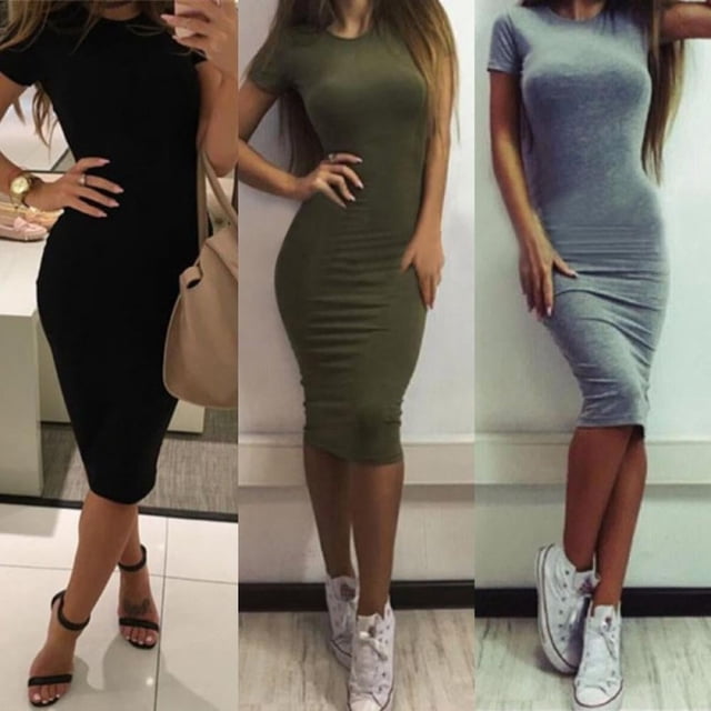 Robe Femme Manches Courtes Tunique Col Vestido Décontractée Col Rond Nouvelle Robe Crayon Moulante Vert Armée TG