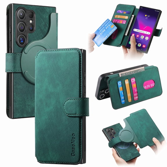 Case for Samsung Galaxy S22 Ultra Detachable Magnetic Wallet Phone Case for Men Women, RFID Blocking Material Retro Folio Flip Leather Case with 3 Card Slots for Samsung Galaxy S22 Ultra, Green