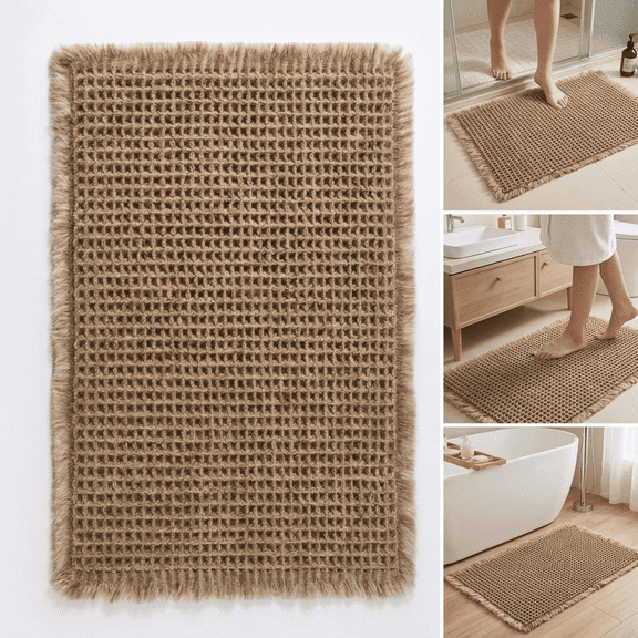 Waffle Bathroom Rug Non‑Slip Quick Dry Bath Mat with Tassels, Machine Washable Boho Bathroom Rugs, Bathroom Runner Long Bathroom Rugs Runner for Bathroom Floor Brown 16.93"x24.02"