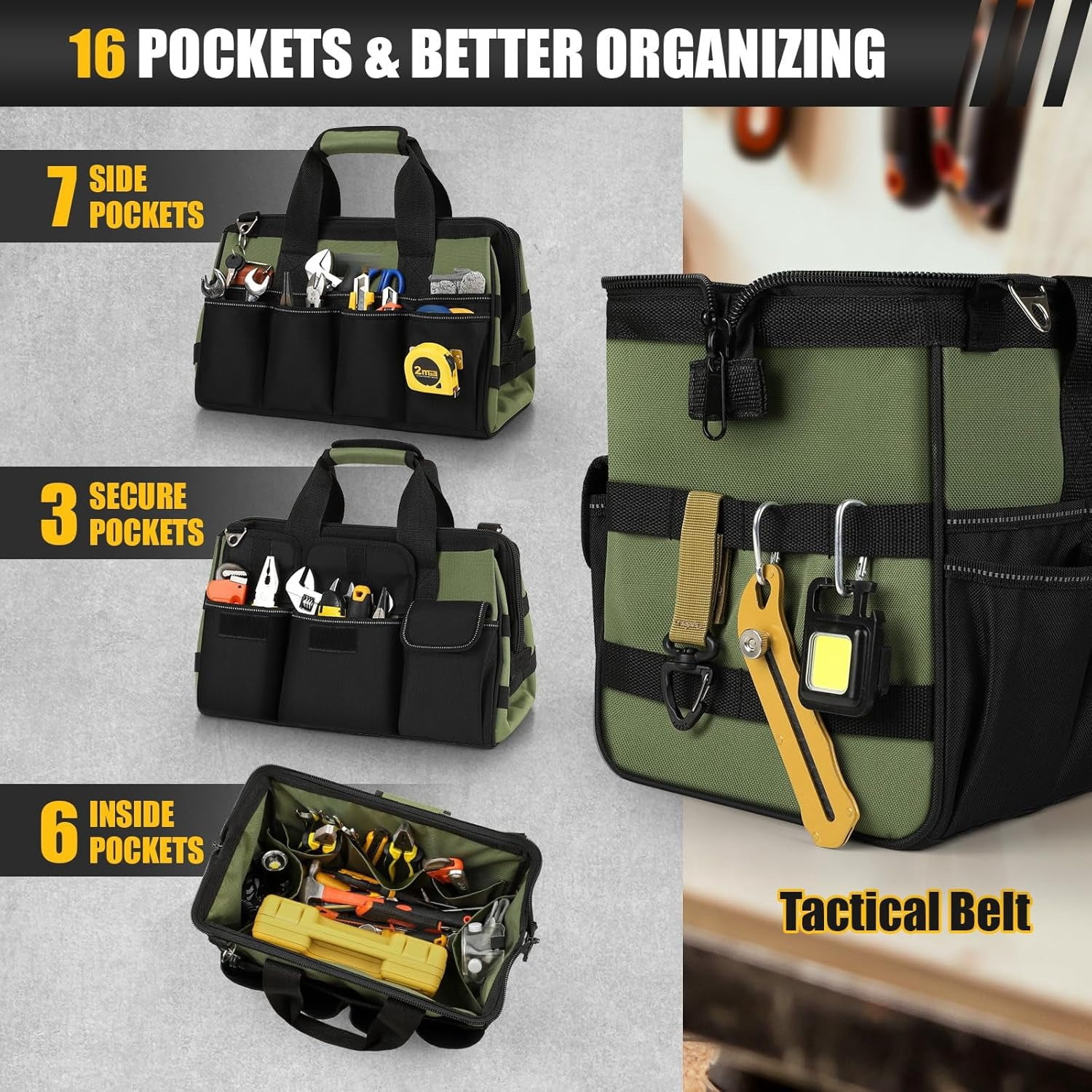 Heavy Duty Tool Bag 18-Inch, 16-Pocket Portable Soft Tool Box Organizer Storage, Handle Tactical Carry Tote Empty Toolbox with Large Zipper, Father Day Dad Men Gift for Mechanic Engineer, Orange