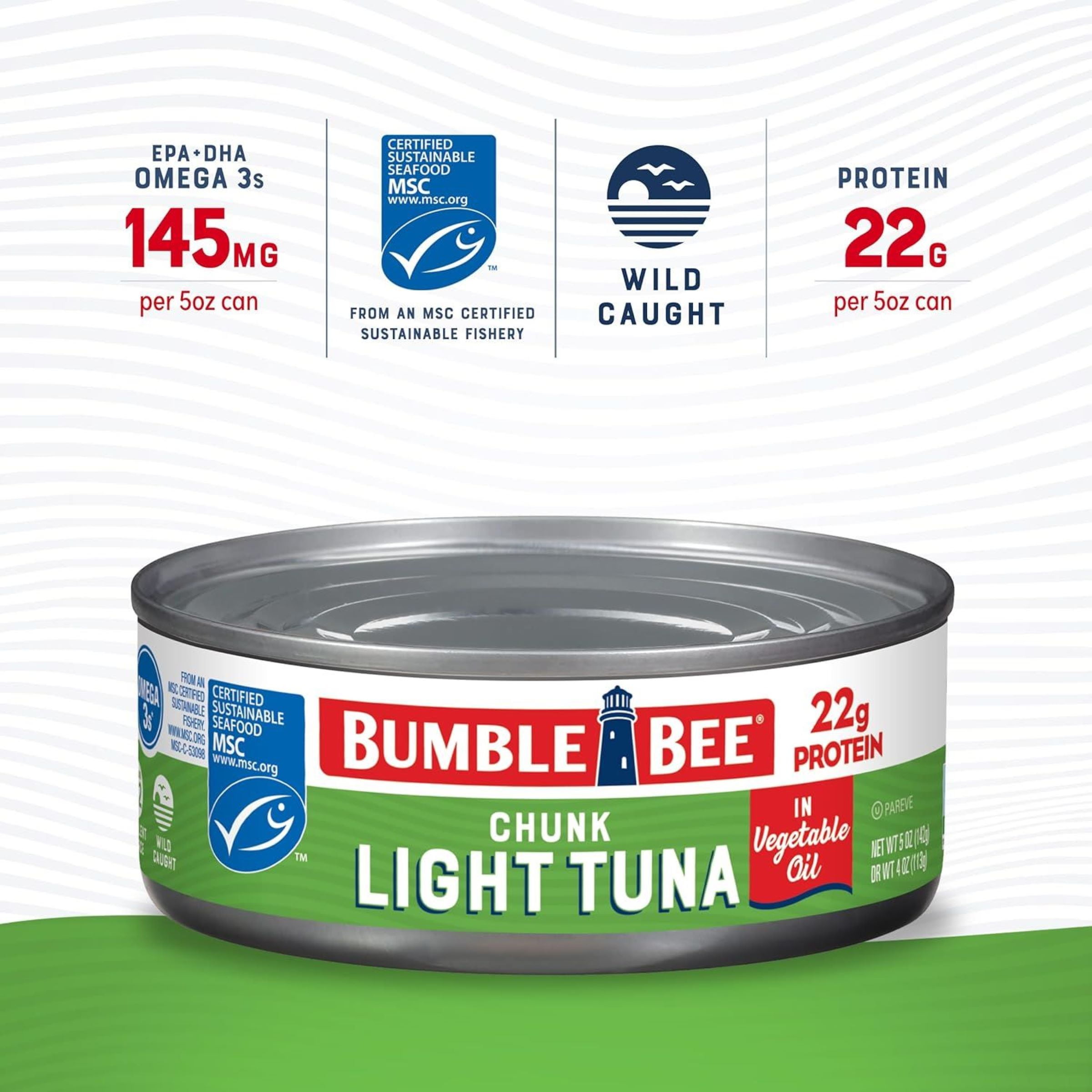 (24 pack) Bumble Bee Chunk Light Tuna in Vegetable Oil, Wild Caught Skipjack Tuna, Gluten Free, 22g Protein Per Serving, Non-GMO, Shelf Stable Can, 5 oz