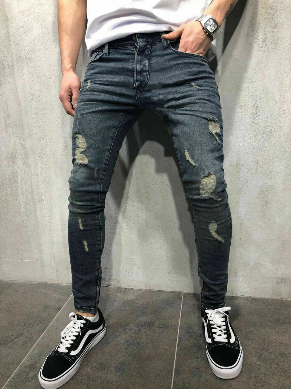 Mens Skinny Ripped Jeans Distressed Casual Destroyed Denim Pants Design Trousers 