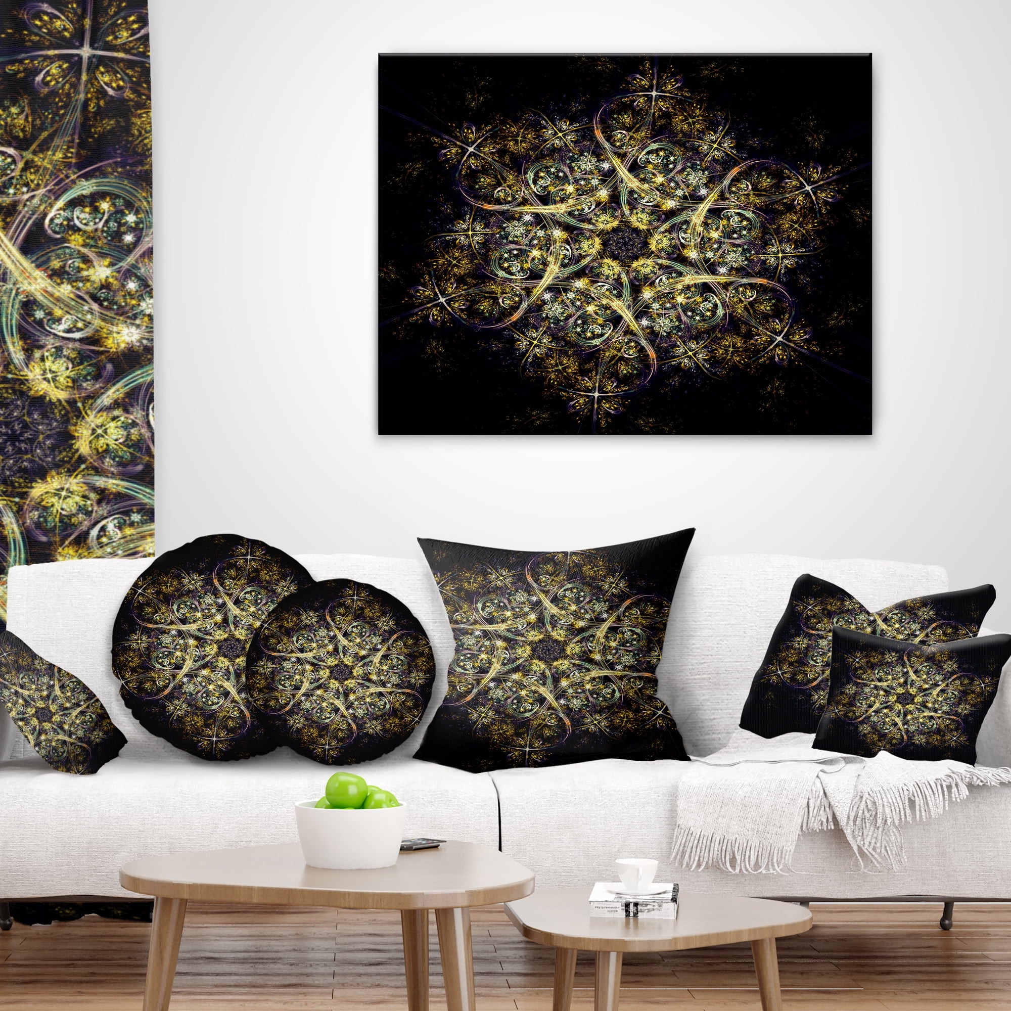 Designart Black Yellow Fractal Flower Pattern - Abstract Throw Pillow - 12x20