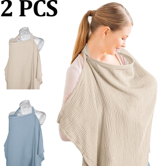 Muslin Nursing Cover for Baby Breastfeeding,Breathable 100% Cotton Breastfeeding Cover with Rigid Hoop for Mother Nursing Apron, Multi-use Carseat Canopy Canopy (27.6 x 40 inch,Blue+Wheat)