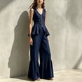 thumbnail image 7 of Womens Casual Two Piece Outfit V Neck Sleeveless Button Peplum Top High Waist Ruffle Hem Wide Leg Pants Solid Color Elegant Set Navy XXL(XXL), 7 of 7