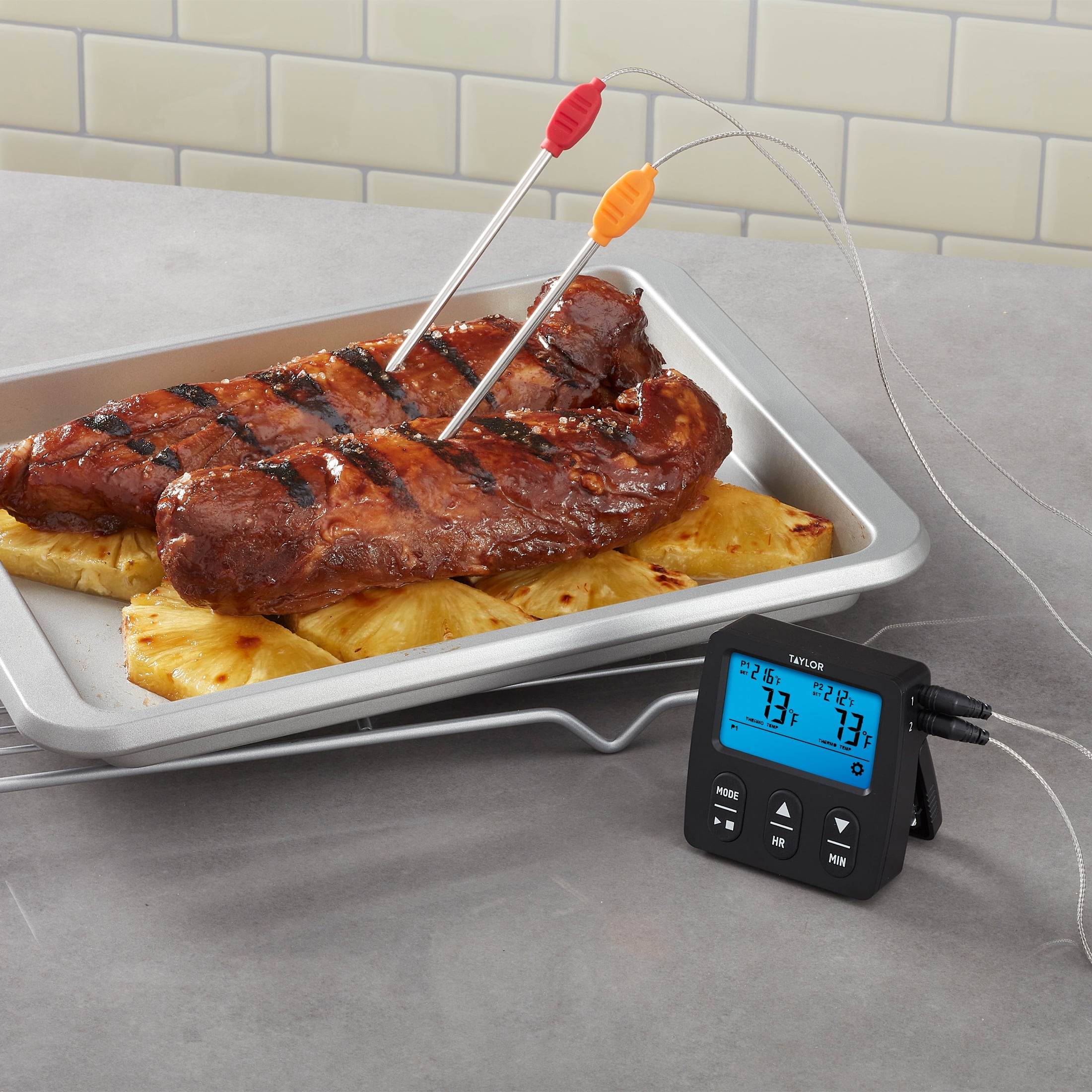 Taylor Programmable Dual Probe Digital Grill Food Thermometer, Stainless Steel, Black