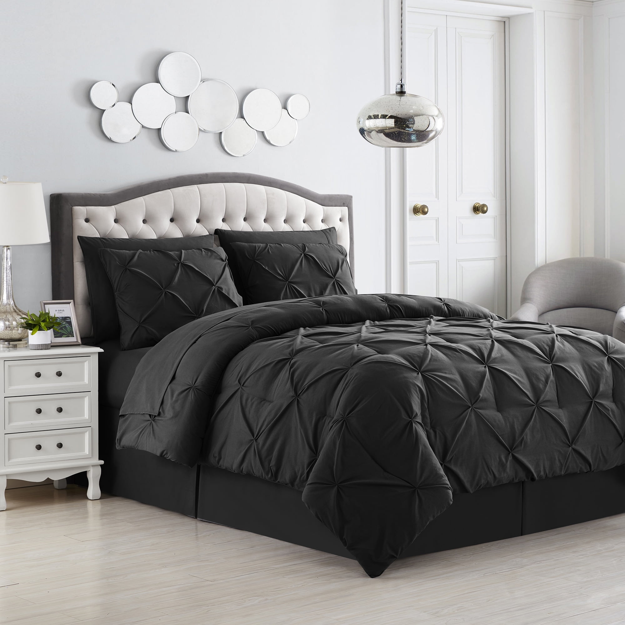 Queen King Bed Solid Black White Pintuck Pleat Stripe 8 pc Comforter Set Bedding 
