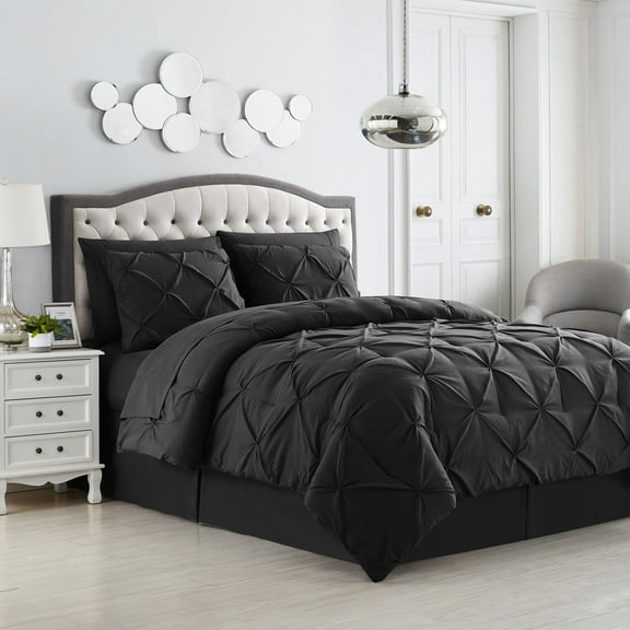 8 Piece Bed In A Bag Pintuck Comforter Sheet Bed Skirt Sham Set King Black