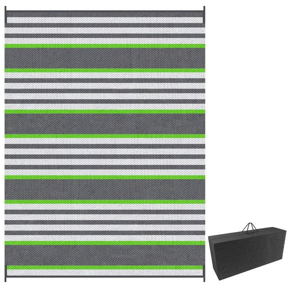 9x12 RV Outdoor Rug Green Gray Striped Carpet with Carry Bag for Camping Travel Patio Deck