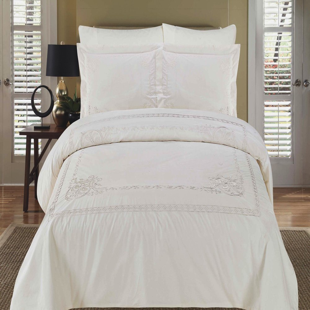 Soft 100 Cotton 3 Piece Duvet Cover Set Embroidered King/California King Athena White