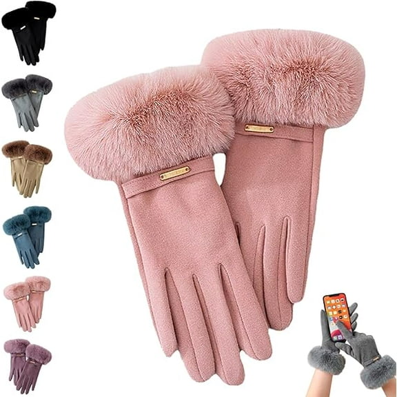 Chic Plush Cuff Winter Gloves, Womens Winter Warm Gloves Faux Fur Cuff Touch Screen Gloves for Outdoor Driving(Pink)