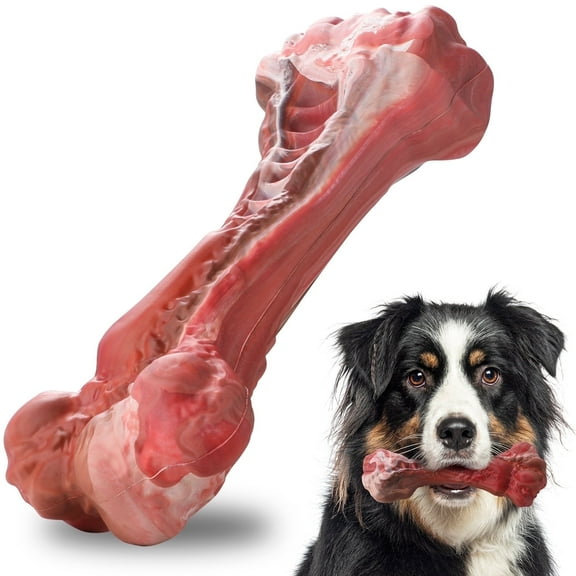 Jewyow Dog Chew Toys for Aggressive Chewers, Large Beef Flavor Durable Teething Bones for Dogs, Dog Bone Toys, Red