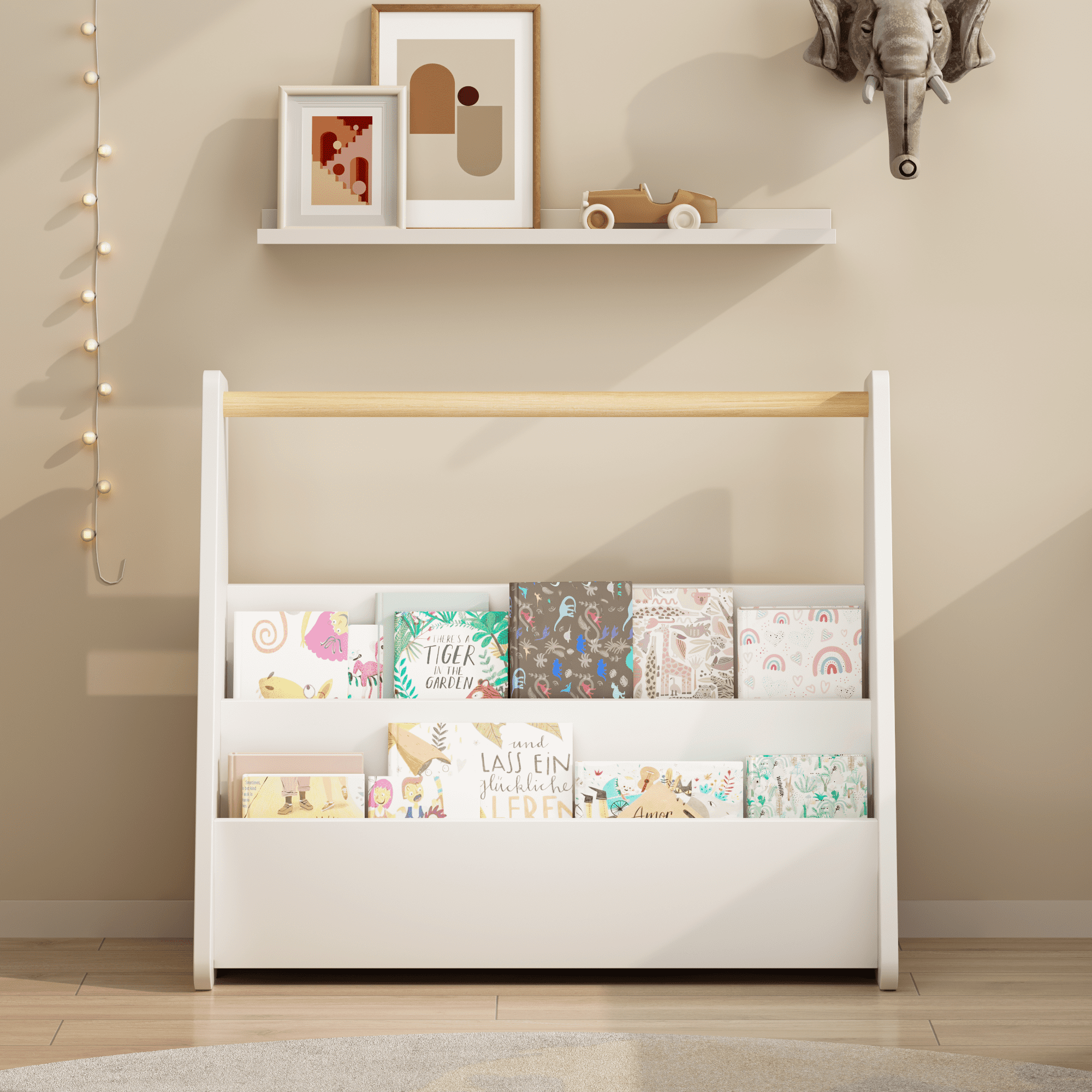 Kids Bookshelf with Wooden Handle, 2-Tier Front-Facing Toddler Bookcase, Portable Children's Book Storage Organizer for Bedroom, Playroom, Nursery, or Classroom, White