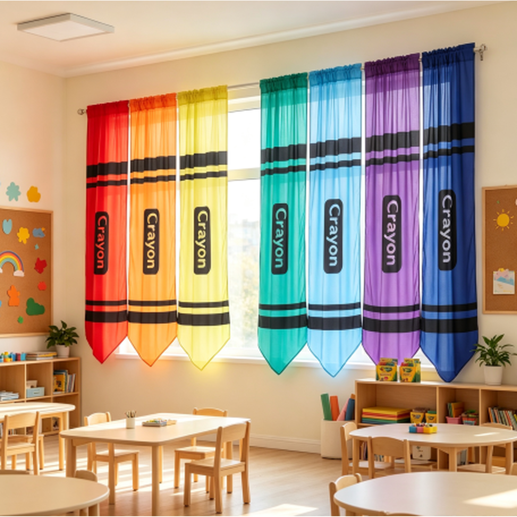 6 Pack Rainbow Crayon Window Curtains, Colorful Semi-Sheer Classroom Decor for Kindergarten Daycare Preschool Playroom Nursery