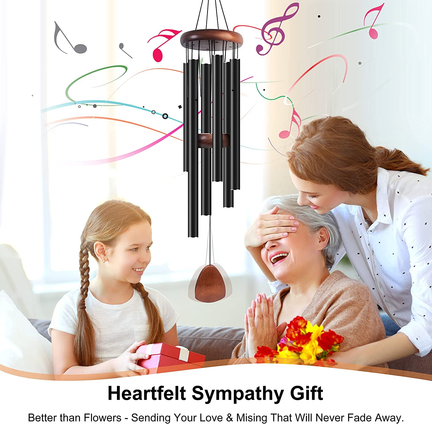 37" Large Aluminium Wind Chimes Classic Black with Wind Catcher for Outdoor Garden Patio