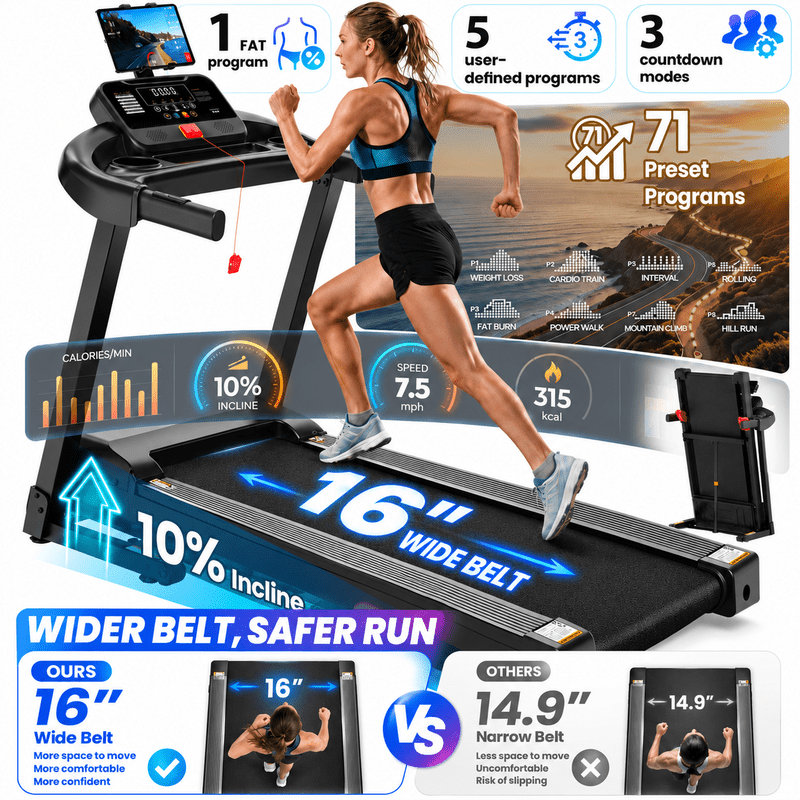 3.65 HP Foldable Treadmill for Home, Electric Running & Walking Exercise Equipment with 10% Incline, Treadmill 300 lb Capacity, App Sync Technology, Heart Rate Sensor, 16" Wide Belt