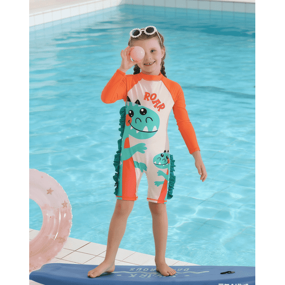Girls Boys One Piece Dinosaur Swimwear Kids UV Protective Rashguard Swimsuits 2-7Years with Hat