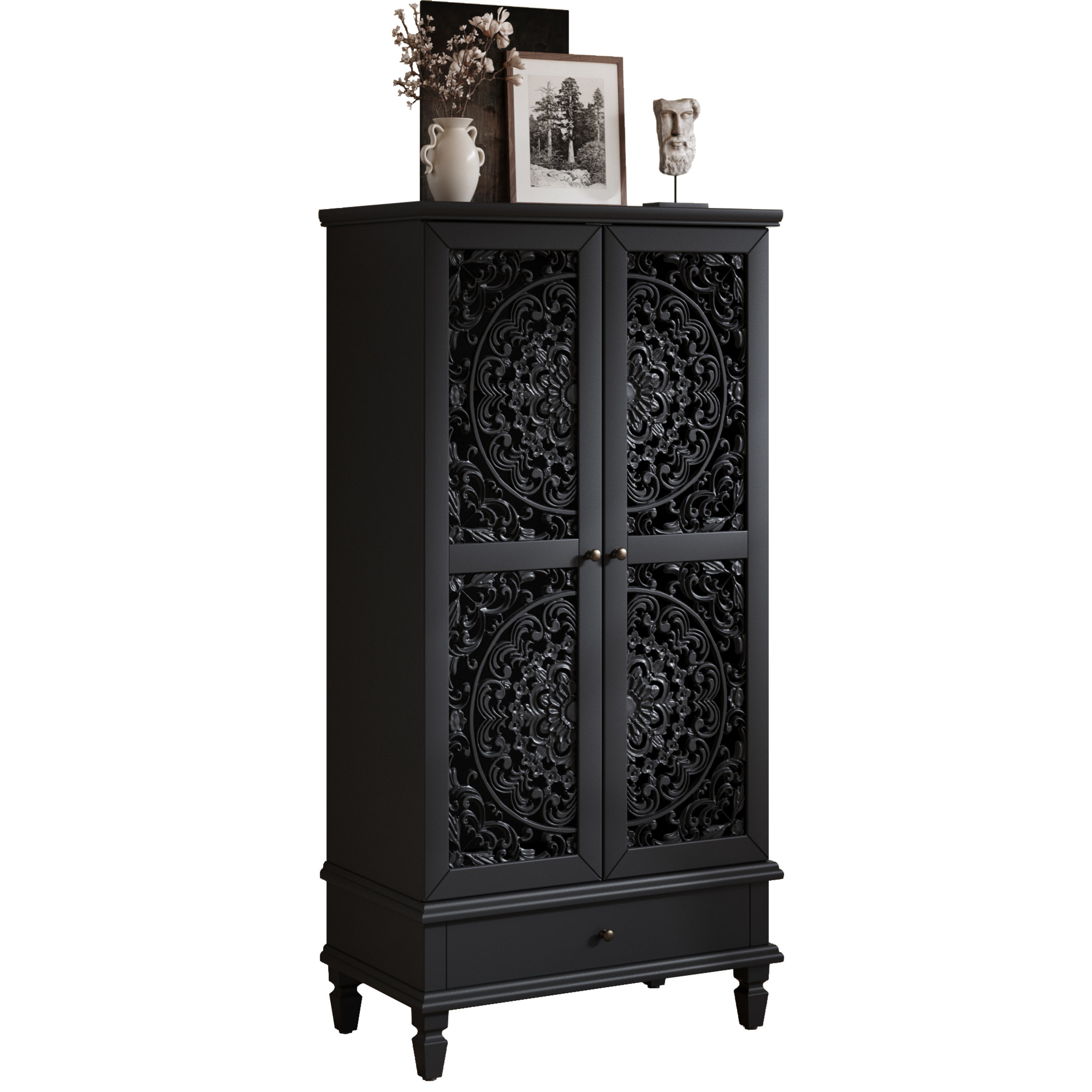 Noble house Rustic Tall Storage Cabinet with Drawer, Carved 2-Door Cabinet with Solid Wood Legs,Black