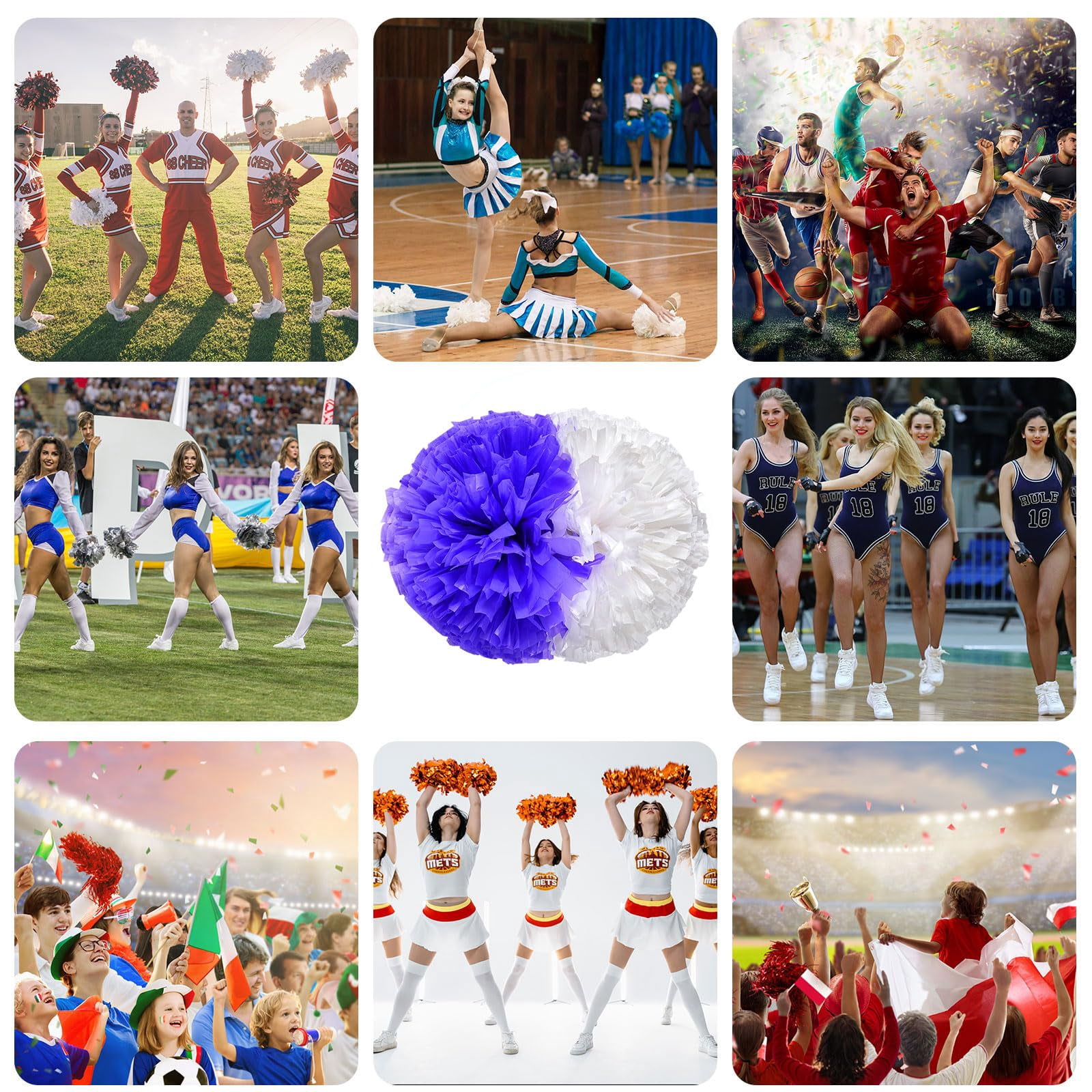 Cheer Pom Poms 8 Pcs with Handle, Cheerleading Handheld Squad Pompoms for Sports Team Cheer Spirit Games Dance Party Adults