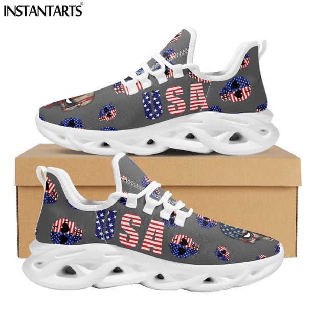 Zapatillas deportivas informales con diseño de bandera de EE. UU. para mujer, zapatos para caminar con cordones transpirables, zapatos planos con estampado de calavera y bandera estadounidense