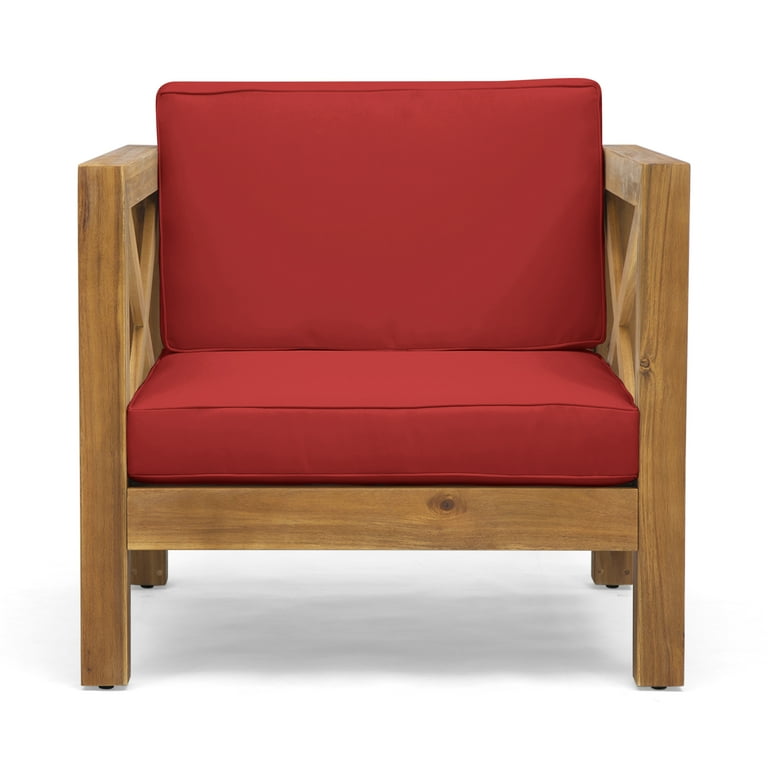 Elisha Outdoor Acacia Wood Club Chair with Cushion, Teak and Red